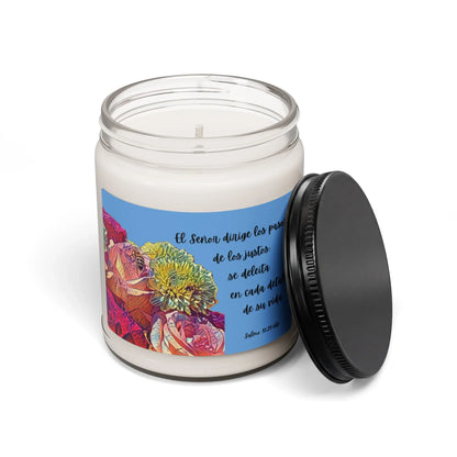 White jar candle with floral label, Spanish Scripture, black lid, Christian home decor