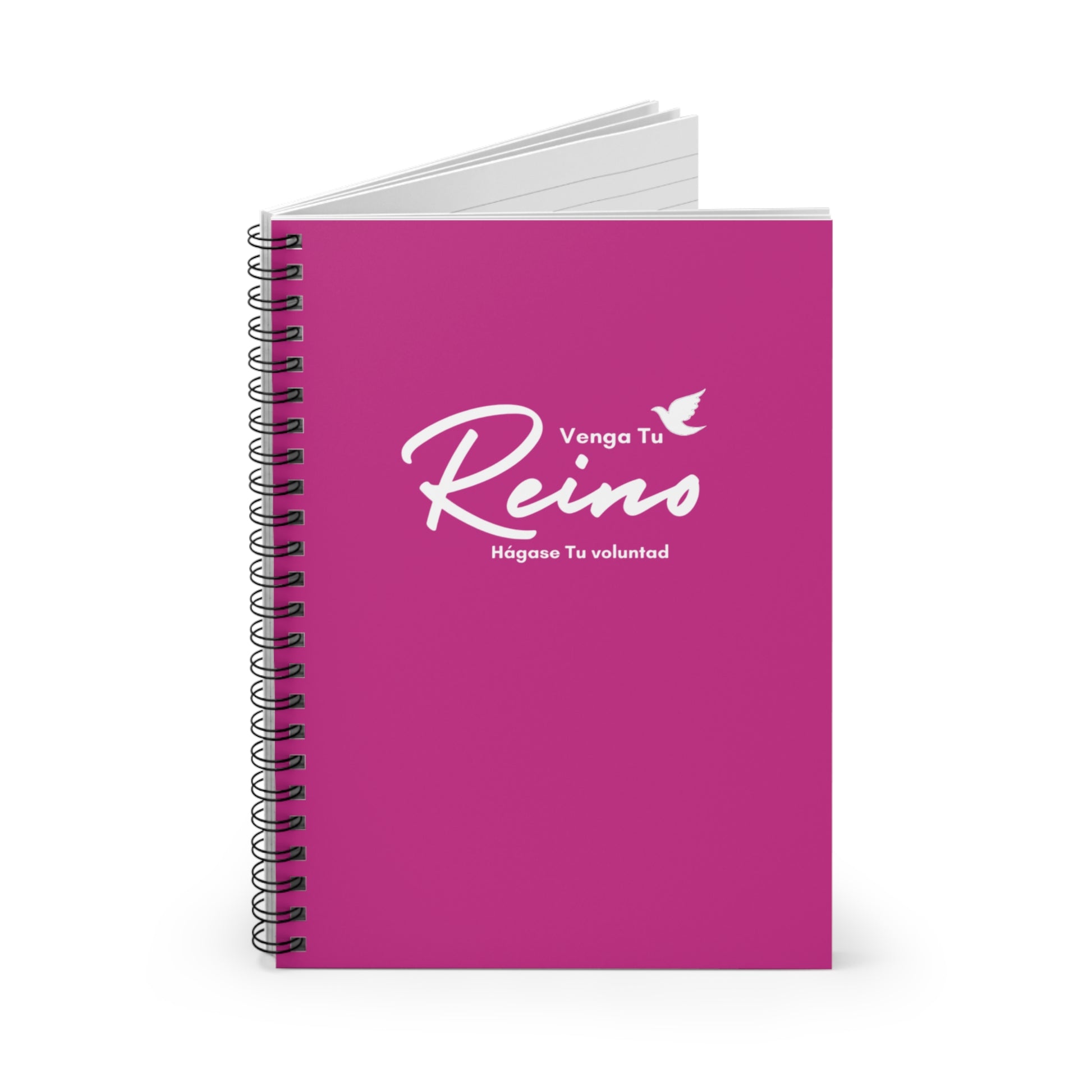 Pink Christian spiral notebook with 'Venga Tu Reino' and dove design on cover