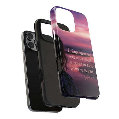 Christian phone case with Spanish Bible verse, sunset design, fits modern smartphone