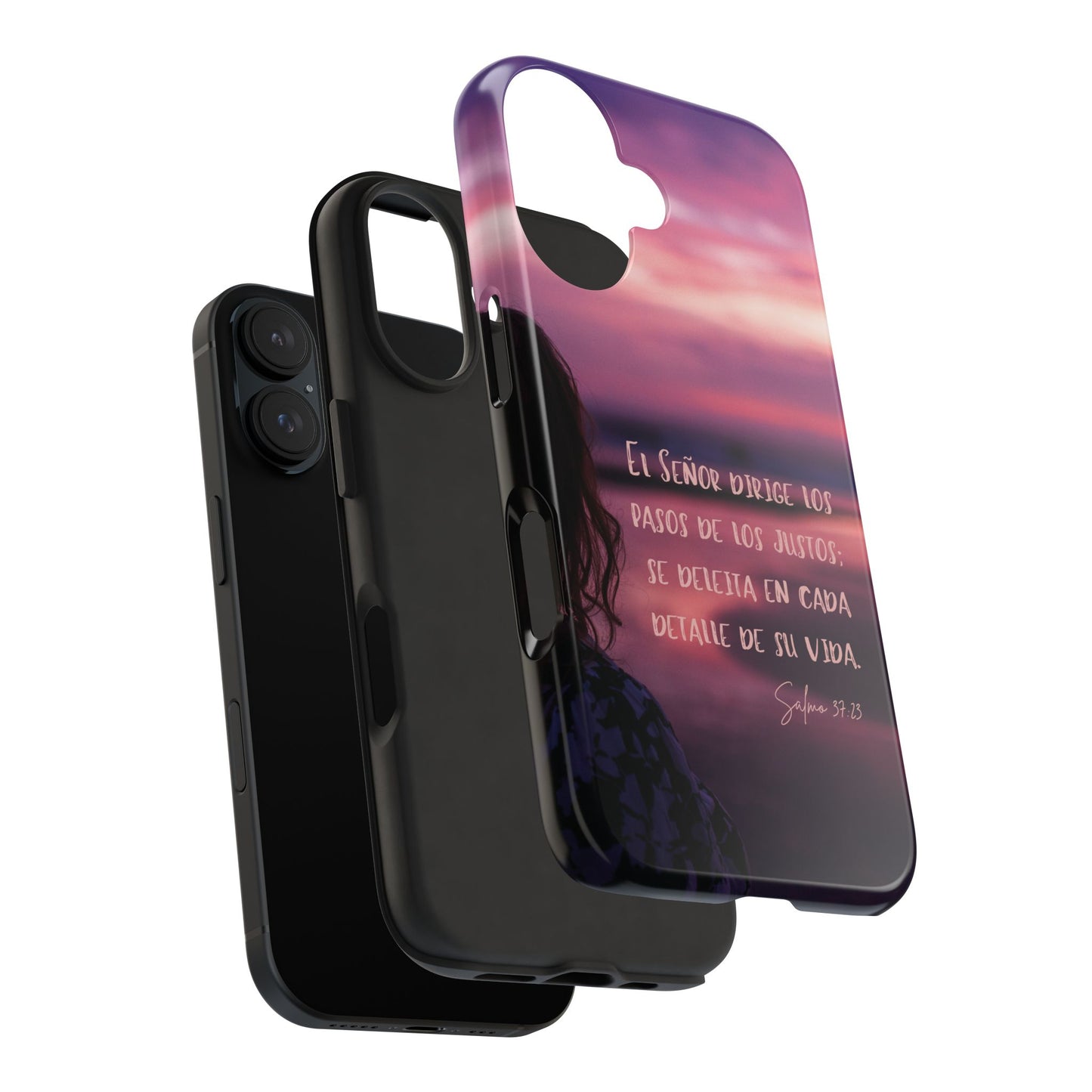 Christian phone case with Psalm 37:23 Spanish scripture, sunset background and silhouette.