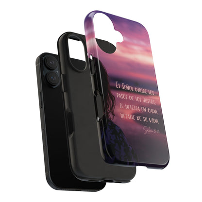 Christian phone case with Psalm 37:23 Spanish scripture, sunset background and silhouette.