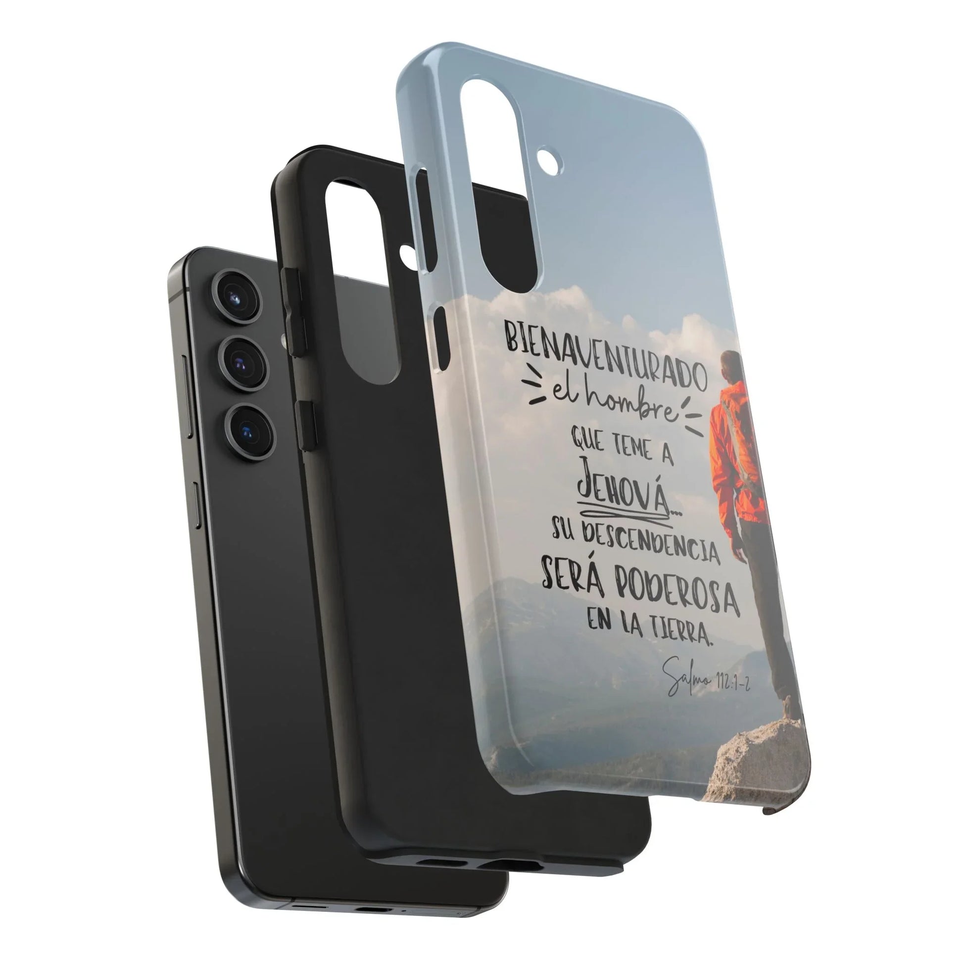 Christian phone cases with Spanish Bible verse, mountain background, and inspirational design