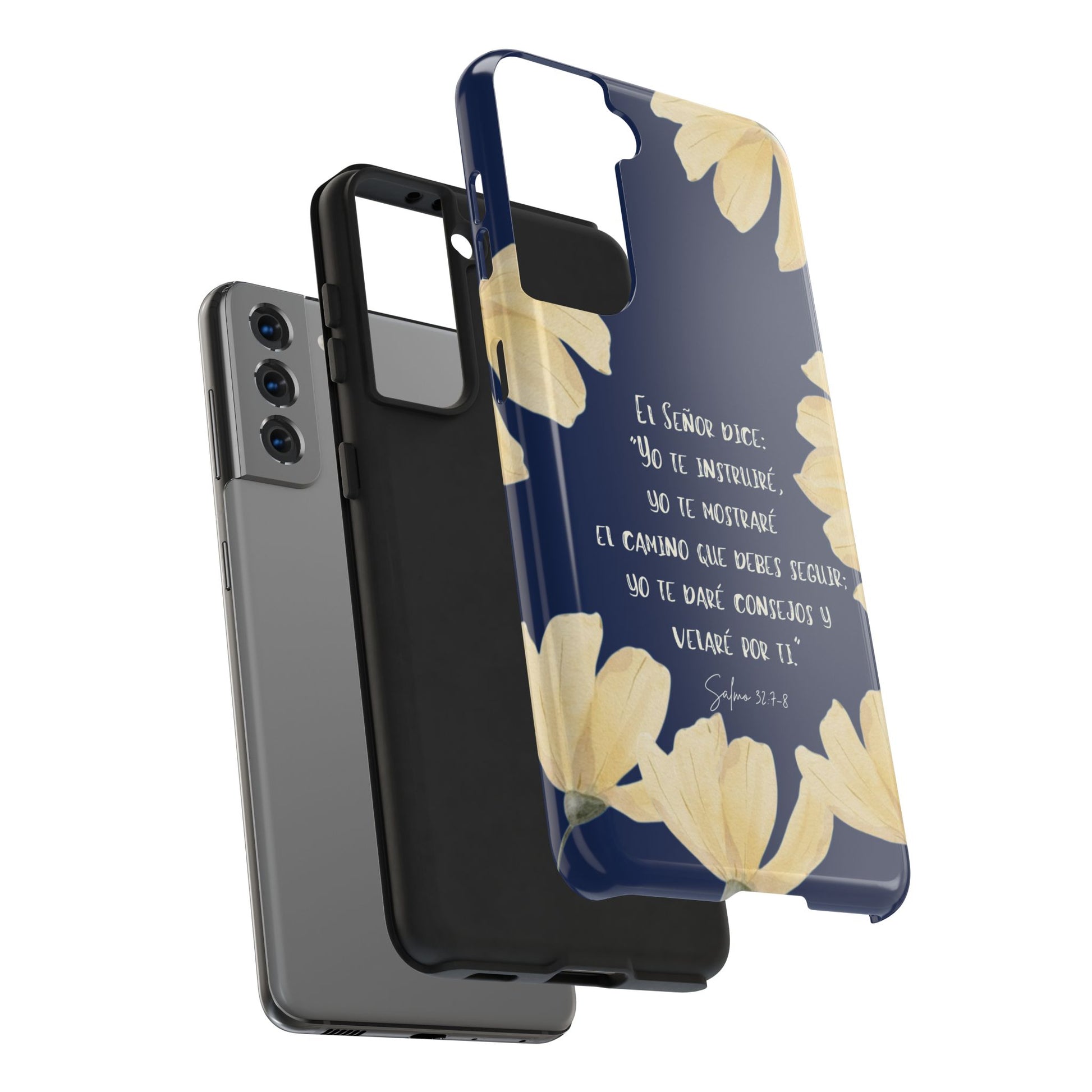 Samsung phone case with Spanish Bible verse and yellow floral design on blue background