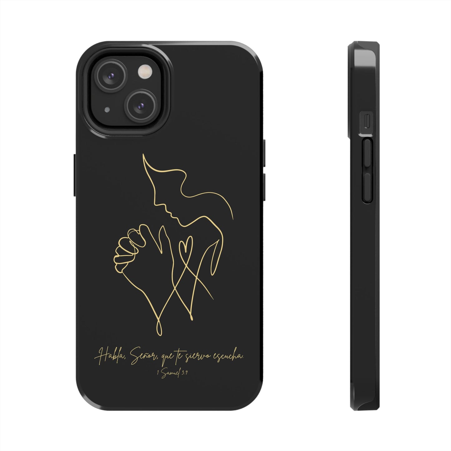 Black phone case with gold line art of praying hands and Scripture, Christian inspirational design