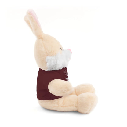Plush bunny toy in a burgundy t-shirt with inspirational text, side view on white background