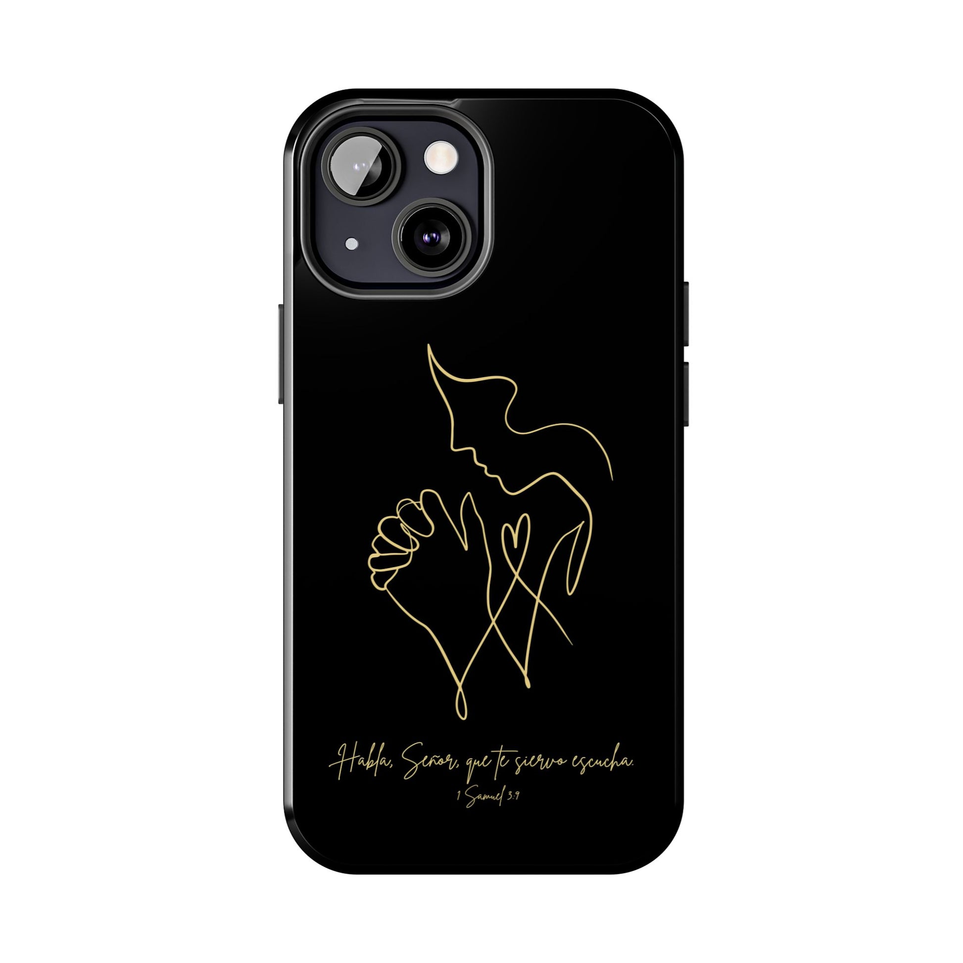 Black phone case with gold minimalist praying hands, Christian quote in Spanish, Scripture design