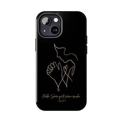 Black phone case with gold minimalist praying hands, Christian quote in Spanish, Scripture design