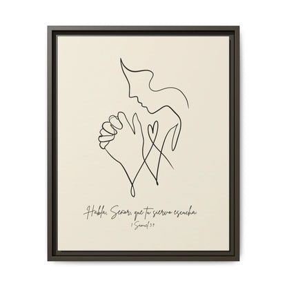 Minimalist Christian wall art with praying hands, face outline, and Scripture in Spanish