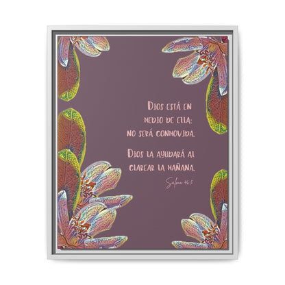 Framed Christian wall art with Psalm 46:5 in Spanish, floral border, purple background.