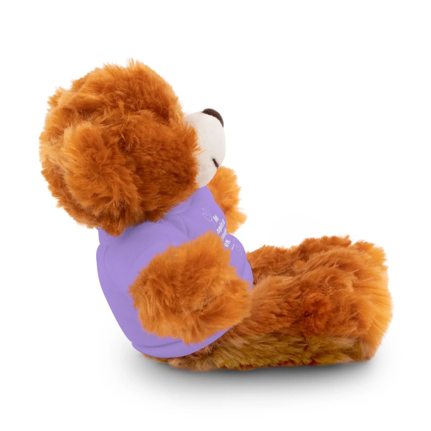 Plush brown teddy bear wearing a purple Christian T-shirt, side view, on white background