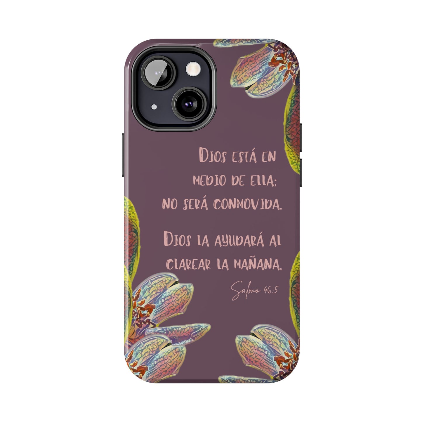 Christian iPhone case in Spanish with Psalm 46:5 and floral illustration, purple background