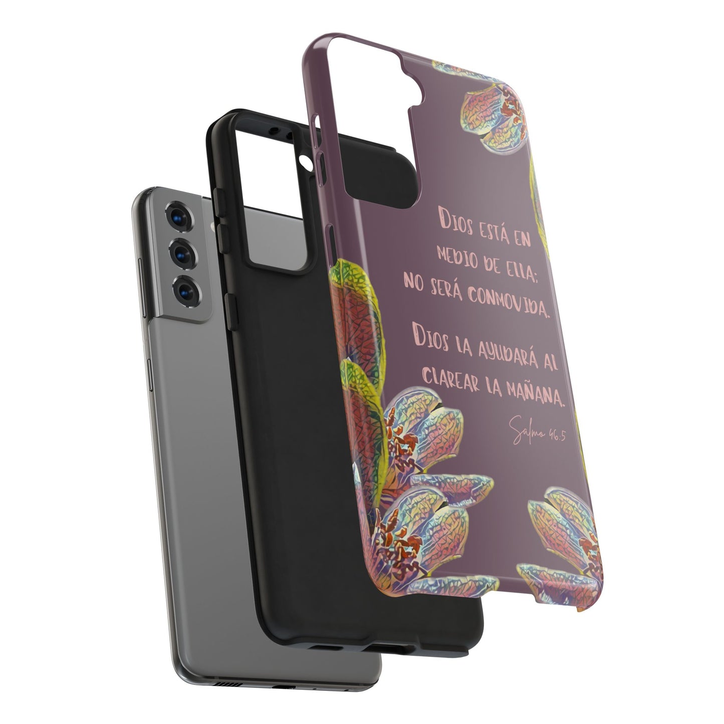 Christian phone case with Spanish Bible verse, floral design, fits modern smartphones