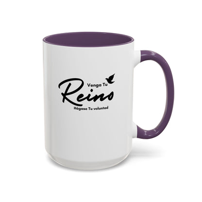 White Christian mug with purple handle, Spanish Scripture text and dove graphic
