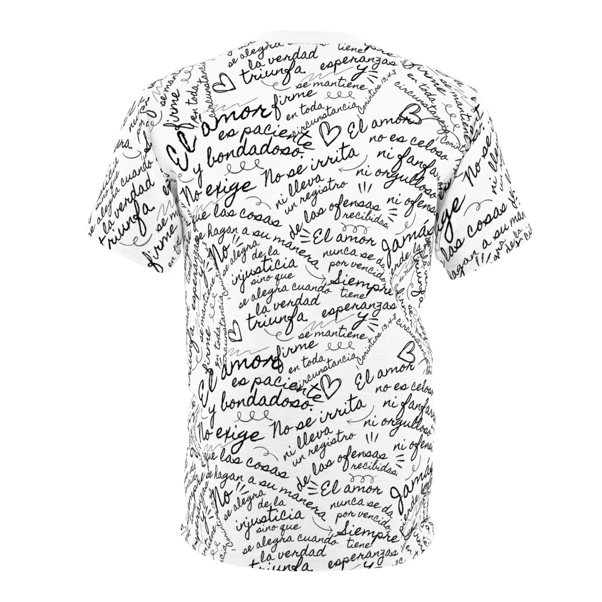 White Christian t-shirt with black Spanish handwritten Bible verses and heart illustrations.