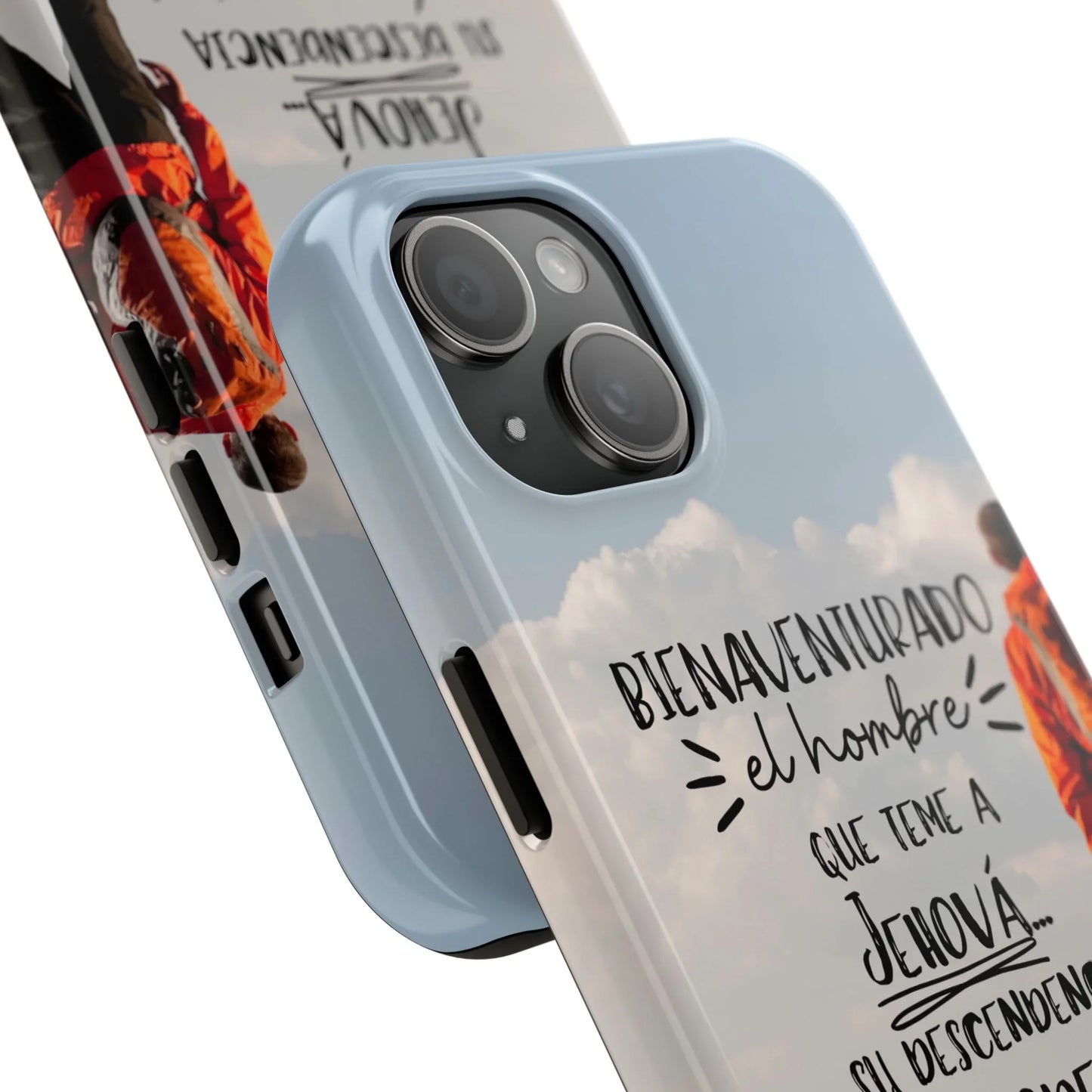Christian phone case with Spanish Bible verse, clouds, and person in orange jacket