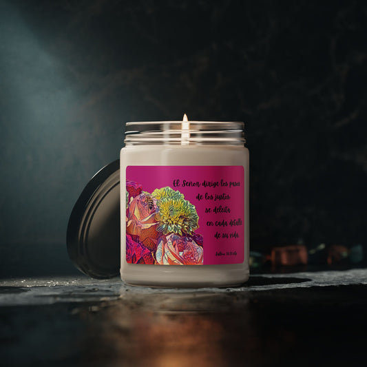 Vela Cristiana Aromatica - Salmo 37:23 NTV - Christian Soy Candle 9 oz - Eco-Friendly - Faith Home Decor Gift - Somos Semilla De Mostaza