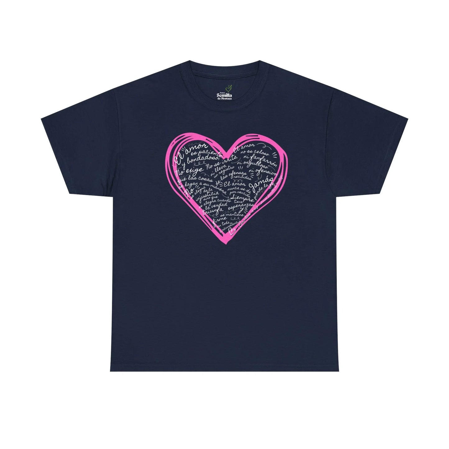 Navy blue Christian t-shirt with pink heart and Spanish Scripture design