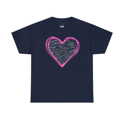 Navy blue Christian t-shirt with pink heart and Spanish Scripture design