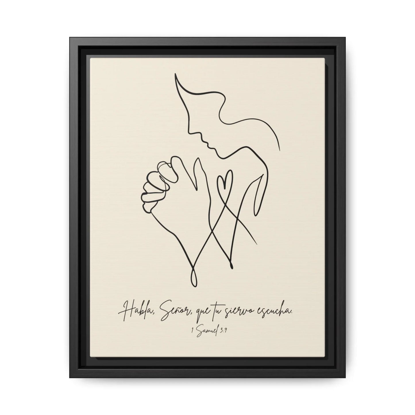 Minimalist Christian wall art print of praying figure, Spanish scripture, black frame