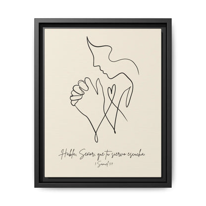 Minimalist Christian wall art print of praying figure, Spanish scripture, black frame