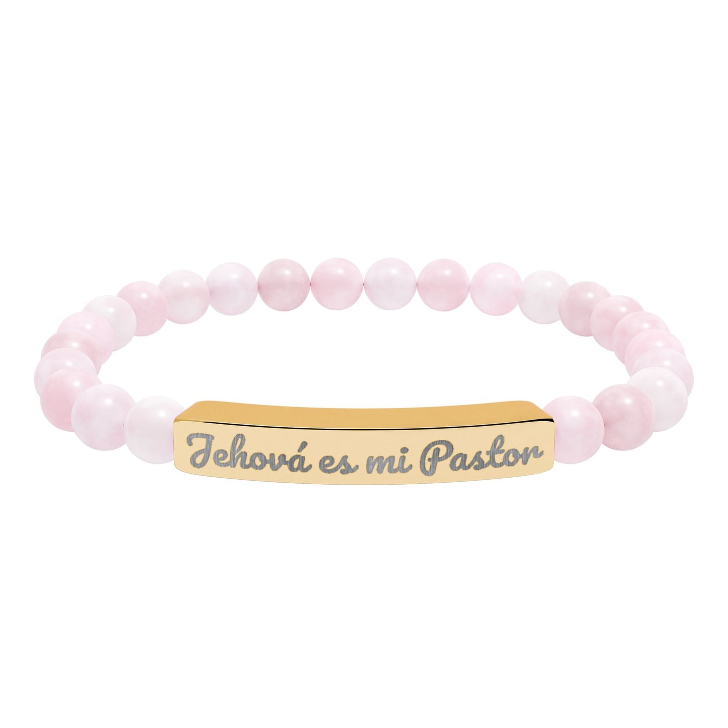 Pink beaded Christian bracelet with gold plate engraved 'Jehová es mi Pastor'