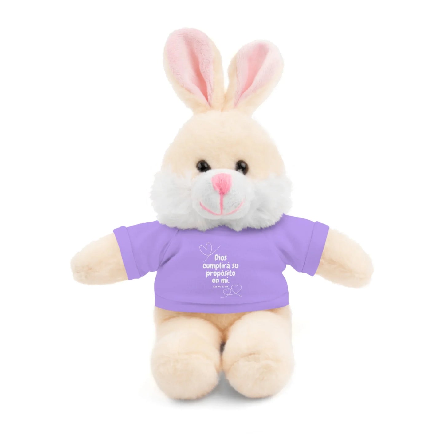 Plush bunny with pink ears wearing a purple Christian shirt with Spanish faith message