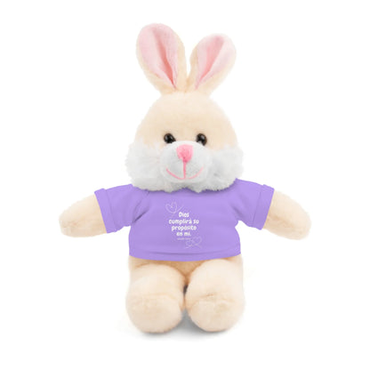 Plush bunny with pink ears wearing a purple Christian shirt with Spanish faith message