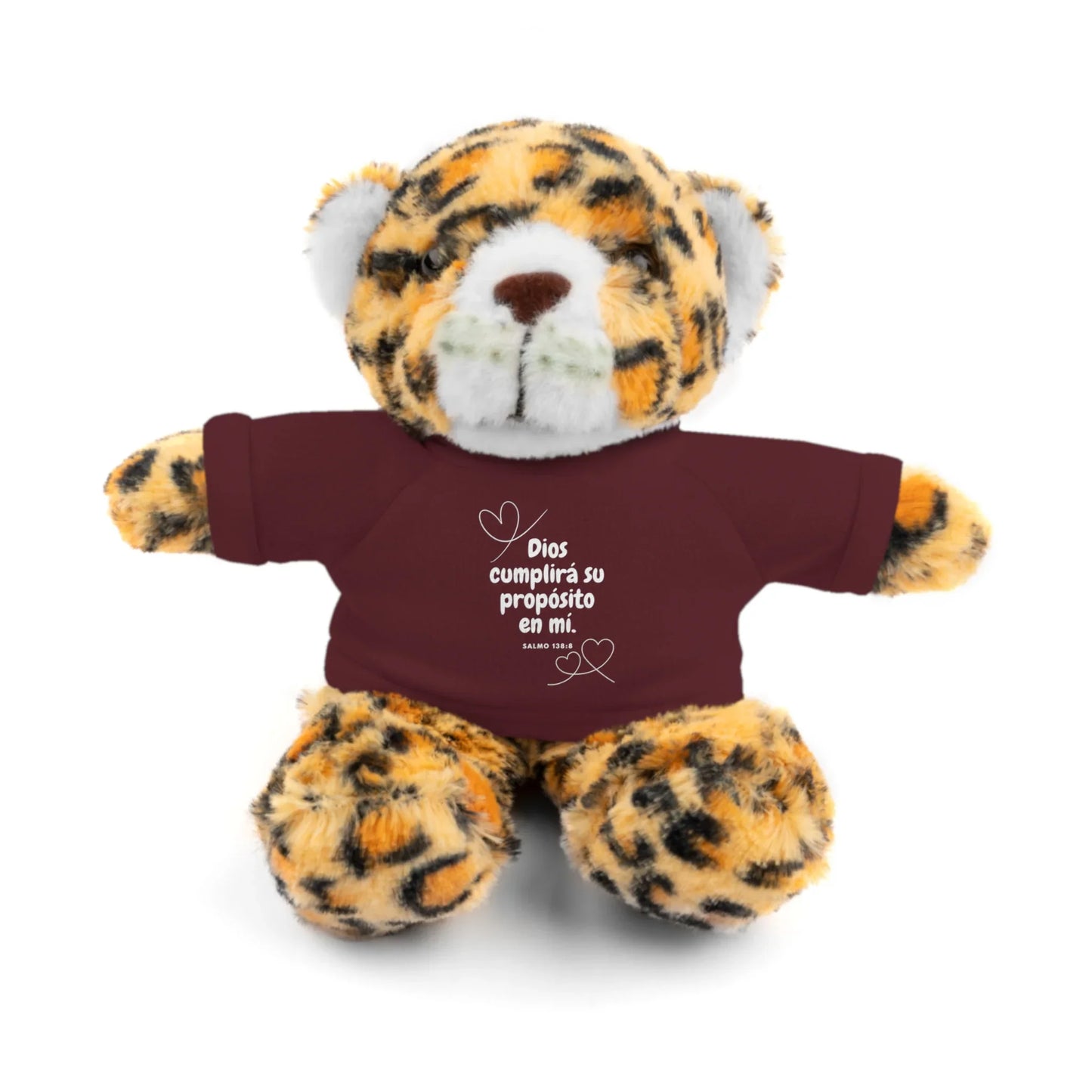 Plush leopard wearing a burgundy t-shirt with Spanish Bible verse, Christian gift