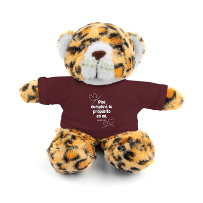 Plush leopard wearing a burgundy t-shirt with Spanish Bible verse, Christian gift