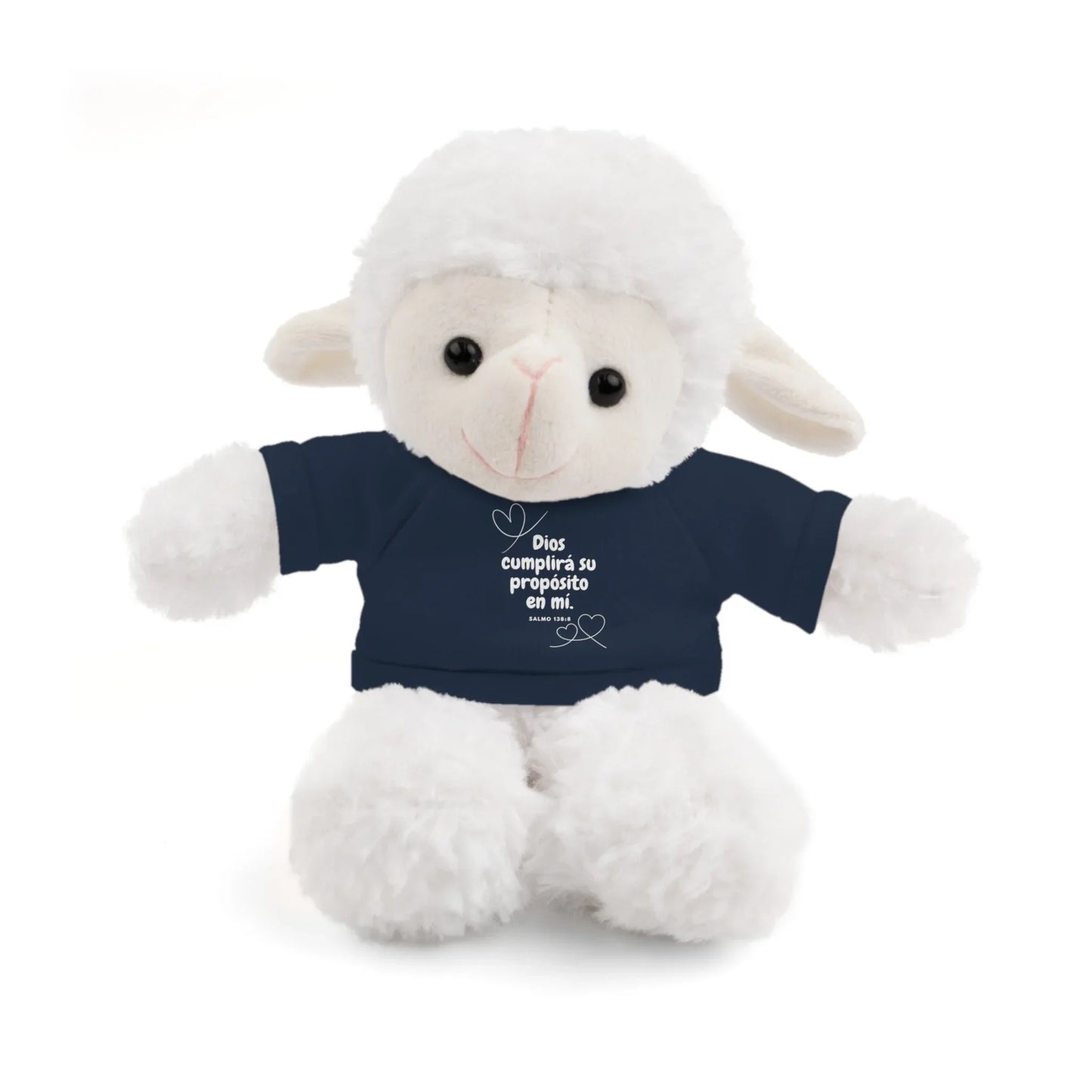 Plush white lamb doll wearing a navy shirt with Spanish Christian Scripture quote