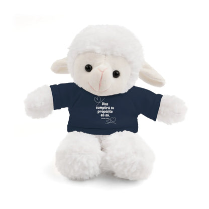 Plush white lamb doll wearing a navy shirt with Spanish Christian Scripture quote