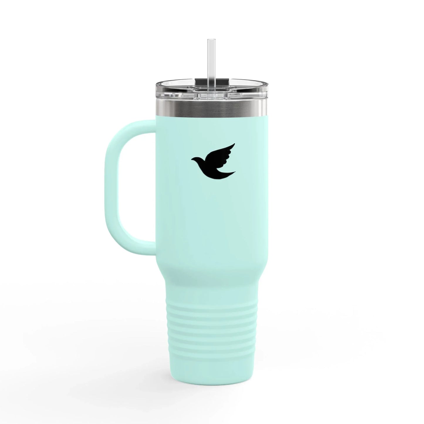 Mint green tumbler with handle, black dove icon, clear lid and straw