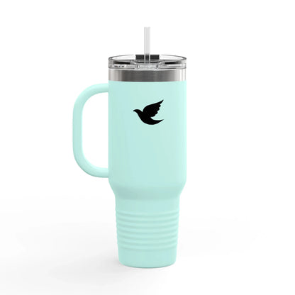 Mint green tumbler with handle, black dove icon, clear lid and straw