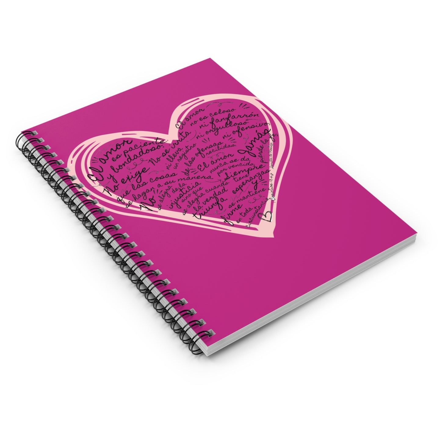 Pink Christian spiral notebook with heart design and Spanish inspirational text on cover