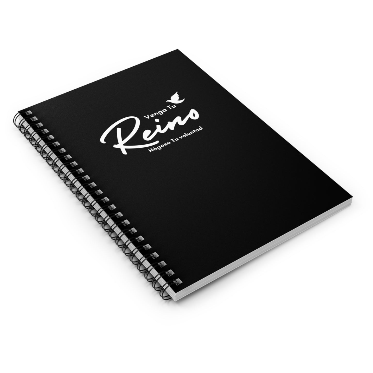 Black spiral Christian notebook with Spanish phrase 'Venga Tu Reino' and a dove on cover