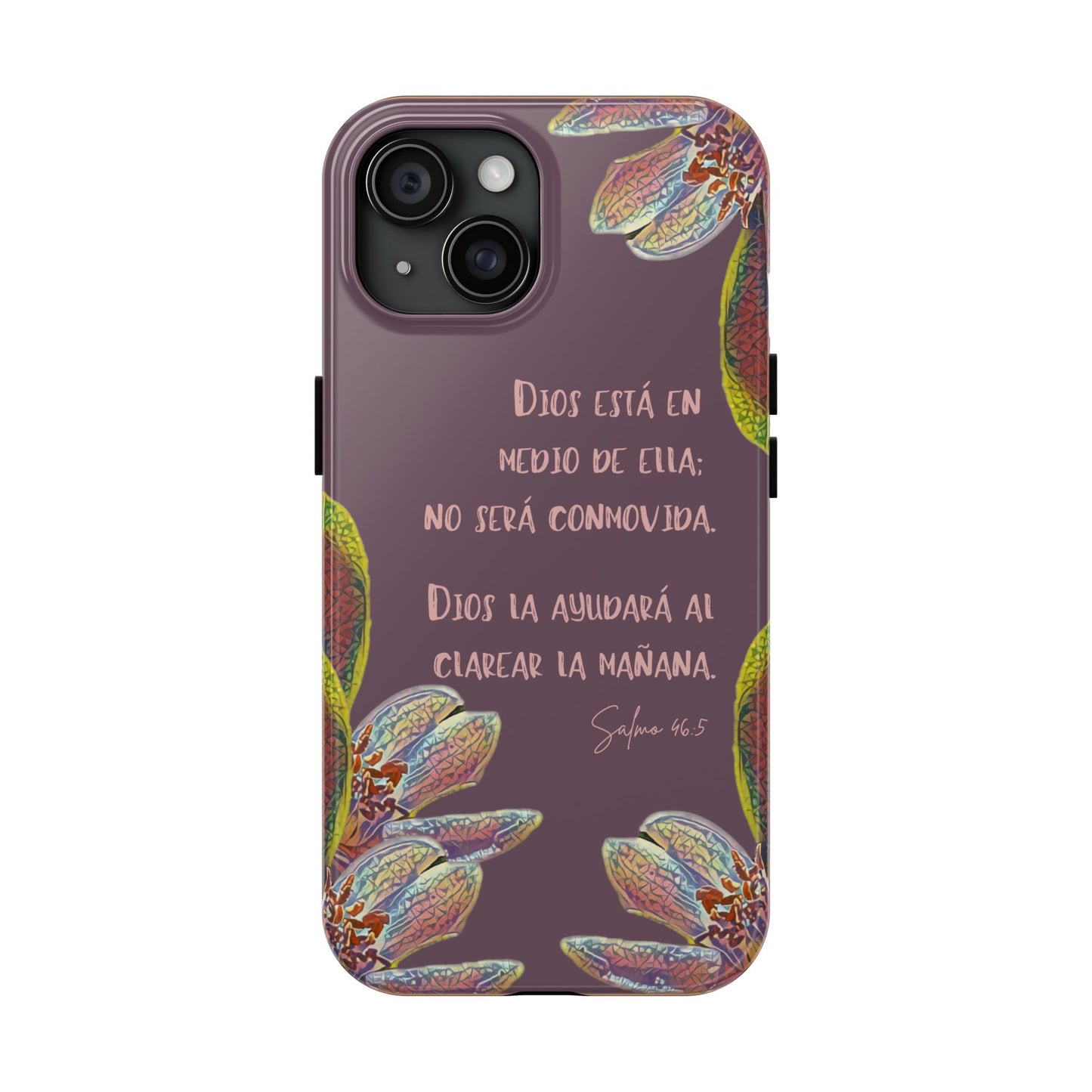 Purple Christian phone case with floral design and inspiring Spanish Bible verse.
