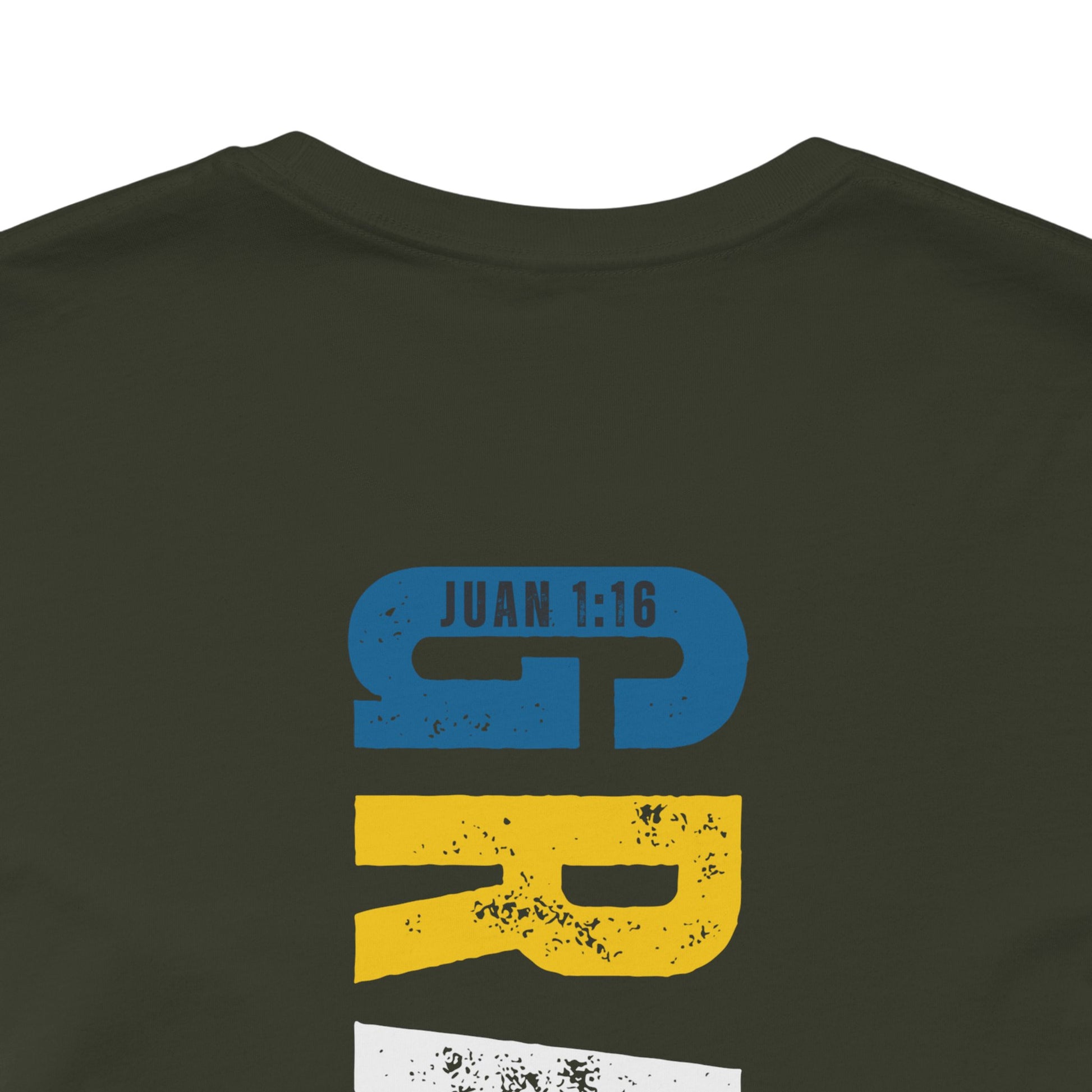 Christian t-shirt with colorful distressed text design and Juan 1:16 Bible verse