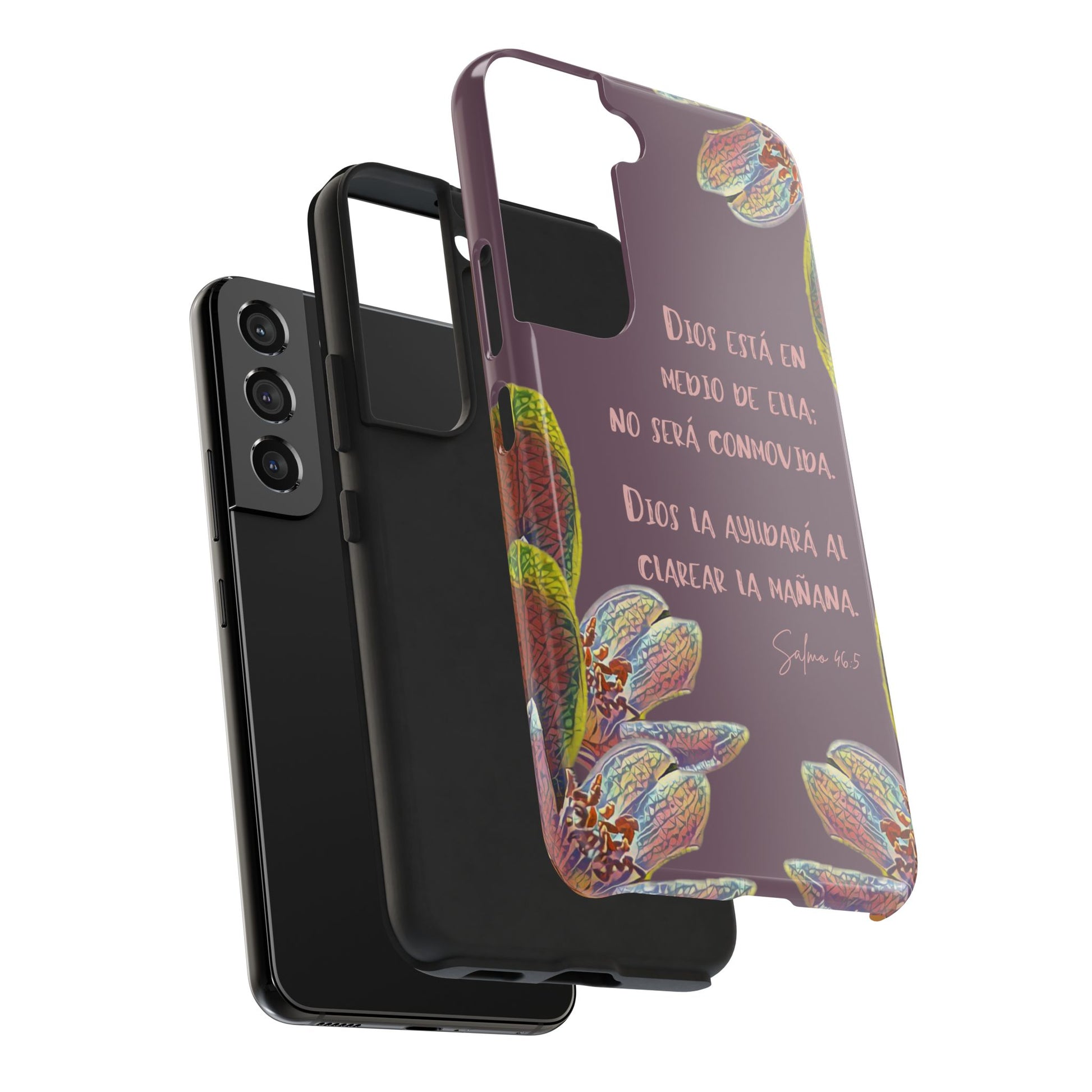 Christian phone case with floral design and Psalm 46:5 Bible verse in Spanish