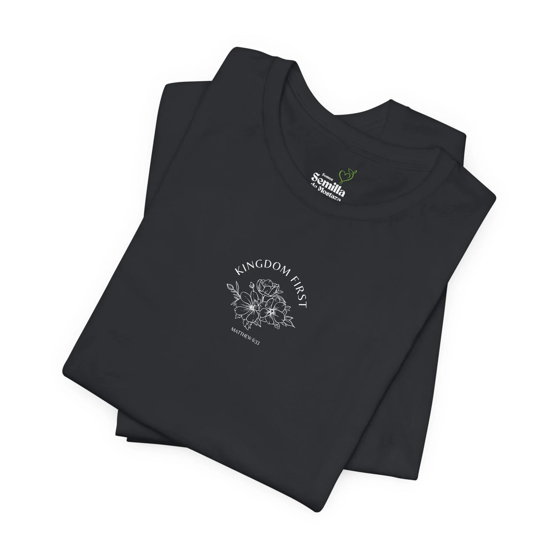 Black Christian t-shirt with 'Kingdom First' and floral graphic, Matthew 6:33 bible verse