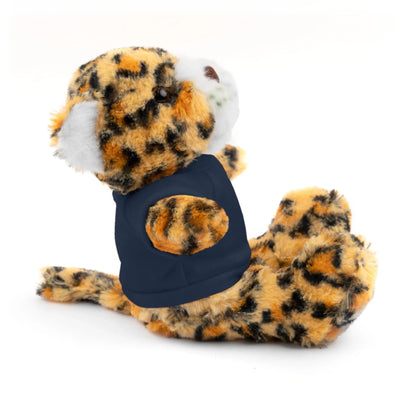 Plush leopard toy wearing a navy blue shirt, sitting on a white background