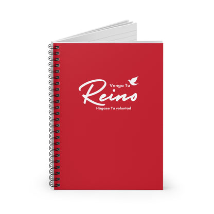 Red Christian spiral notebook with 'Venga Tu Reino' and dove graphic on cover