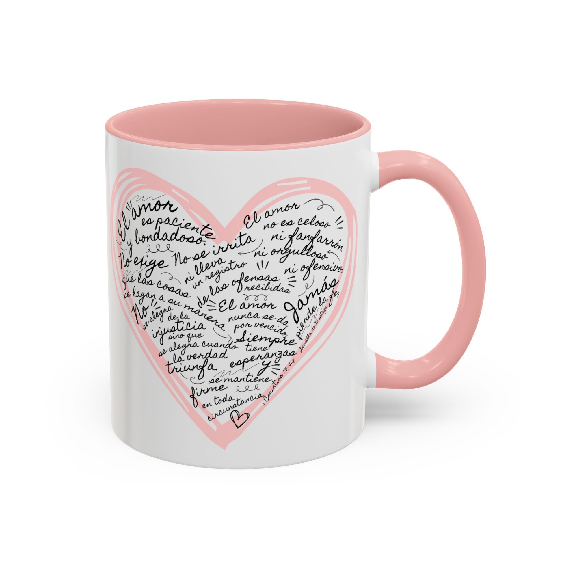 Taza Cristiana con Corazon Rosa - 1 Corintios 13:4-7 - Christian Mug with Bible Verse - Ceramic Accent Mug 11oz / 15oz BPA-Free - Somos Semilla De Mostaza