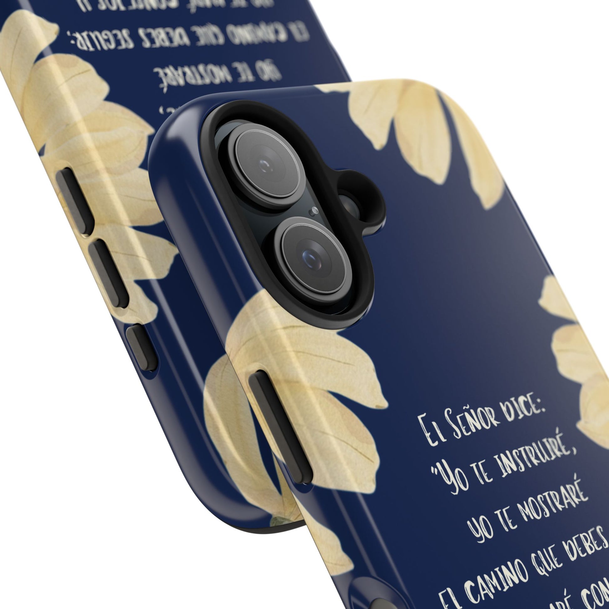 Navy blue phone case with beige leaves and Spanish Christian inspirational quote design