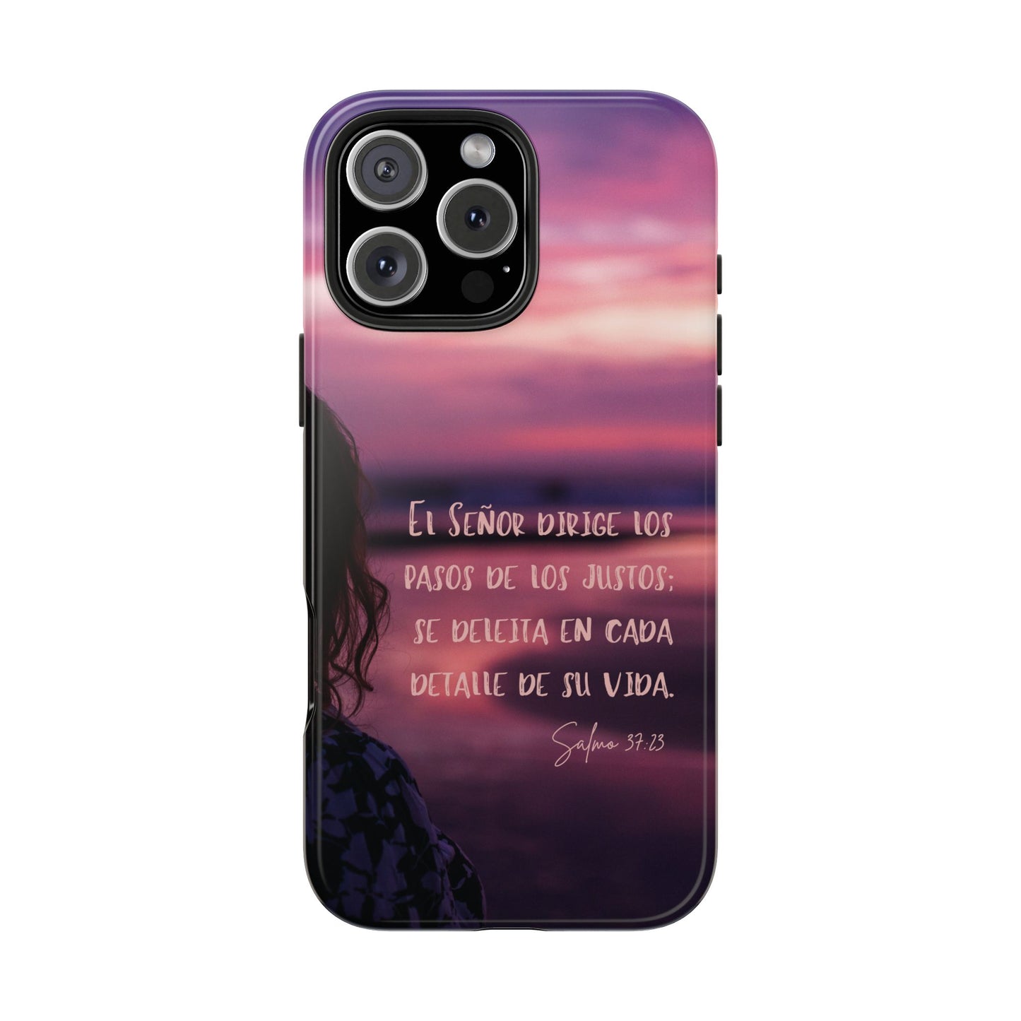 Christian phone case with Spanish Psalm 37:23 verse, sunset background and silhouette