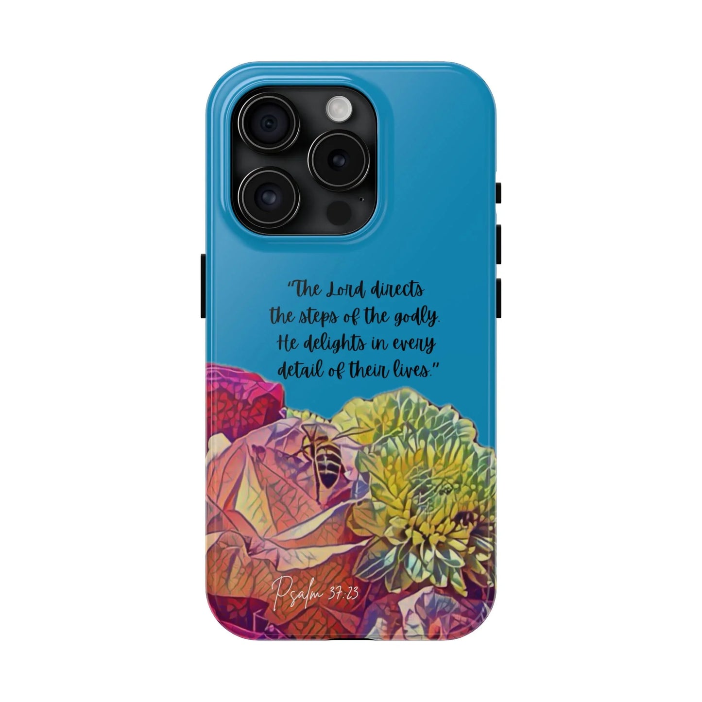 Blue Christian phone case with Psalm 37:23, colorful floral design, bee illustration