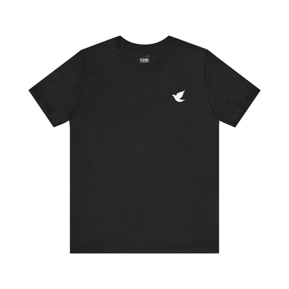 Black Christian t-shirt with small white dove graphic on chest, minimalist faith apparel