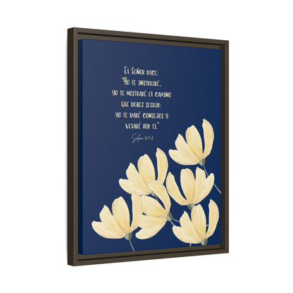 Framed Christian wall art with Spanish Bible verse and yellow flowers on navy background