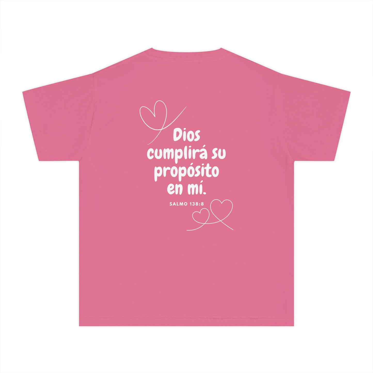 Pink Christian t-shirt with Spanish Bible verse, white text and heart line art, Psalm 138:8.