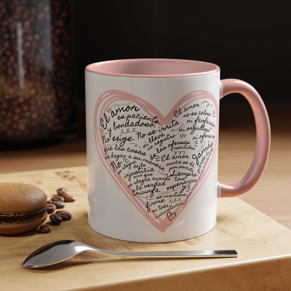 Taza Cristiana con Corazon Rosa - 1 Corintios 13:4-7 - Christian Mug with Bible Verse - Ceramic Accent Mug 11oz / 15oz BPA-Free - Somos Semilla De Mostaza