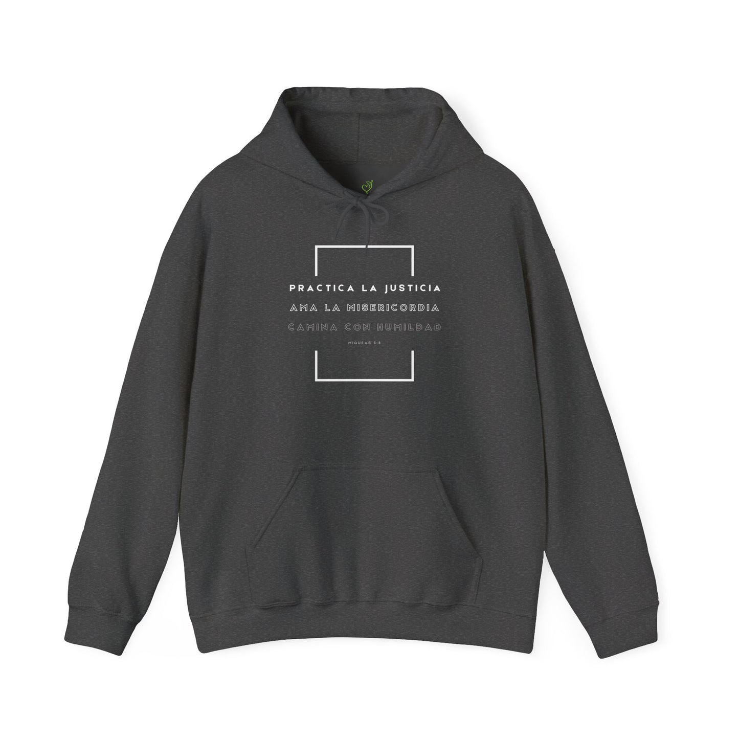 Dark Christian hoodie with Spanish Bible verse Micah 6:8, minimalist white text design
